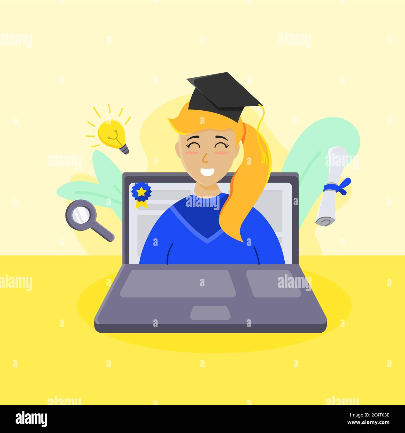 Illustration glücklich weibliche Studentin in virtuellen Abschluss Stock Vektor