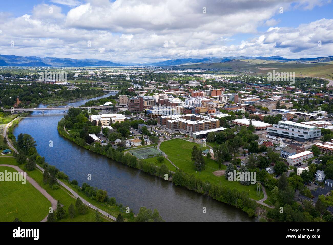 Luftaufnahme der Innenstadt von Missoula, Montana mit dem Clark Fork River Stockfoto
