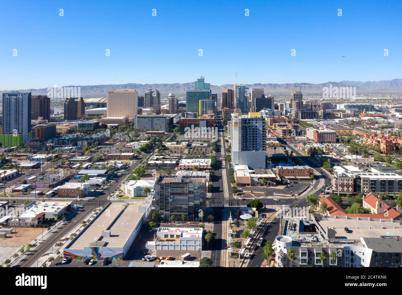 Luftaufnahmen von Downtown Phoenix und dem trendigen RoRo Viertel, Arizona Stockfoto