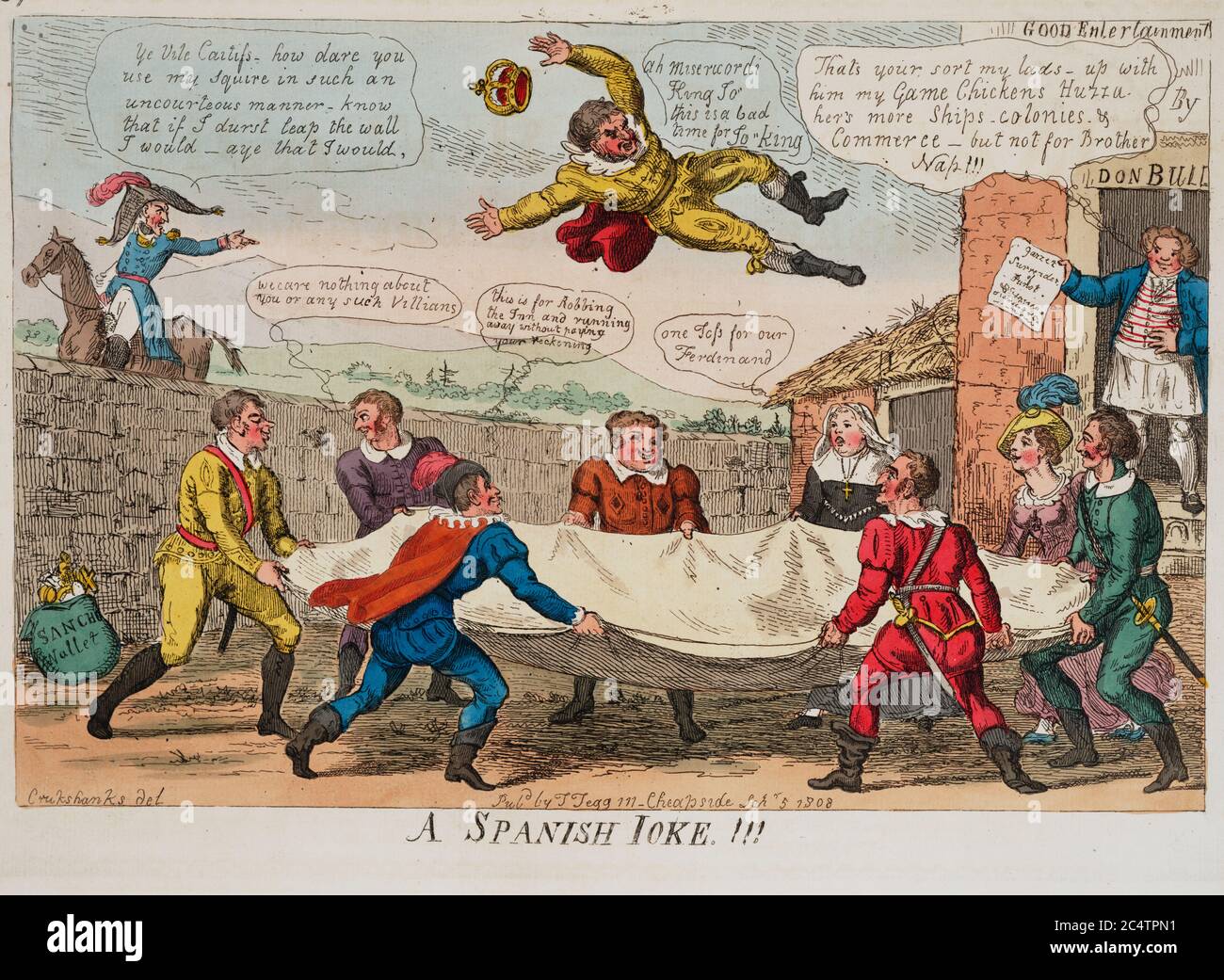 Ein spanischer Witz!!! - Drucken zeigt spanische Männer und Frauen, die König Joseph I. in die Luft werfen, als ein französischer Mann sich über seine Misshandlung beschwert. September 1808 Stockfoto
