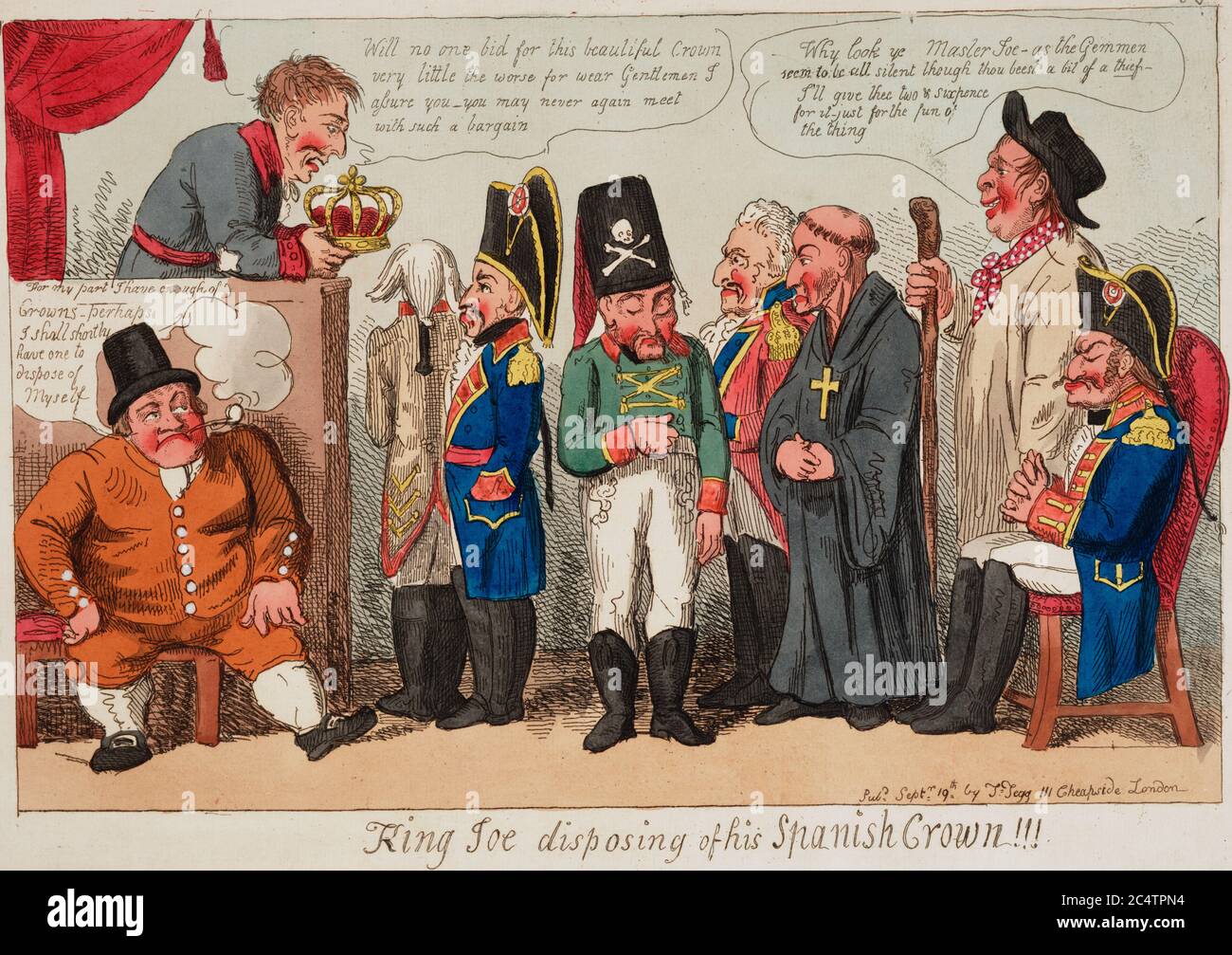 König Joe enteignet sich seine spanische Krone!!! - Drucken zeigt König Joseph I., der versucht, seine Krone zu versteigern. 1808 Stockfoto