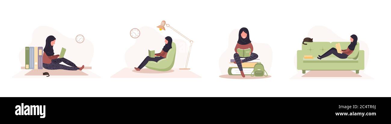 Bücherliebhaber. Arabische Leserinnen mit Büchern. Vorbereitung auf die Prüfung oder Zertifizierung. Wissen und Bildung Bibliothekskonzept, Literatur Stock Vektor Bücherliebhaber. Arabische Leserinnen mit Büchern. Vorbereitung auf die Prüfung oder Zertifizierung. Wissen und Bildung Bibliothekskonzept, Literatur Stock Vektor