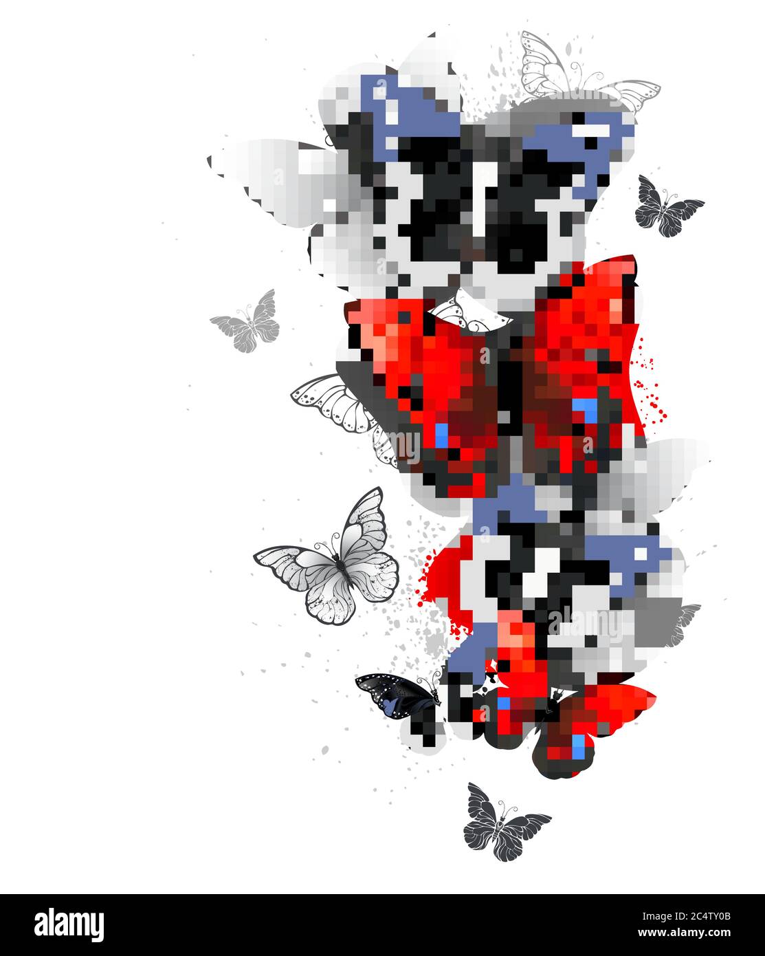 Schar fliegender, realistischer, roter und schwarzer Morpho-Schmetterlinge auf weißem Hintergrund mit Farbtropfen. Vektor. Stock Vektor