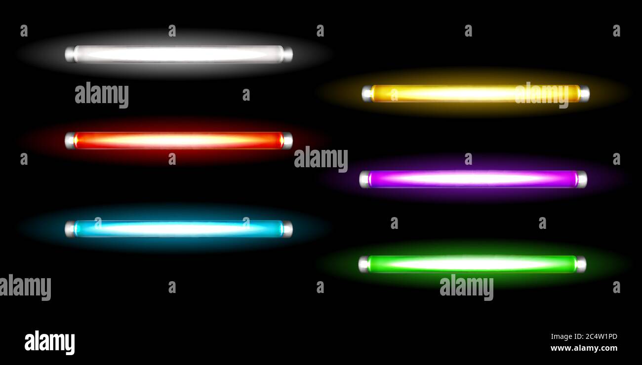 Neonröhren-Lampen, lange Leuchtstofflampen mehrfarbigen Lampen, Licht für  Nachtclub, Werbung oder Schilder, künstliche Beleuchtung.  Halogen-Leuchtelemente, realistisches 3d-Vektor-Illustrationsset  Stock-Vektorgrafik - Alamy