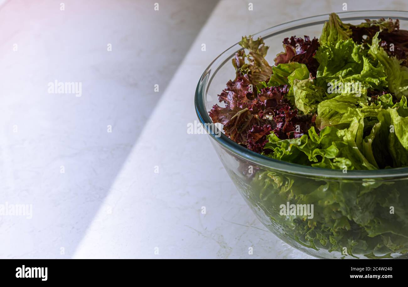 Große Glasschüssel voller Mischung aus frischen grünen und roten Salatblättern. Schüssel befindet sich auf der Tischoberfläche. Selektiver Fokus. Gesunde Ernährung und Diät-Konzept. Hor Stockfoto