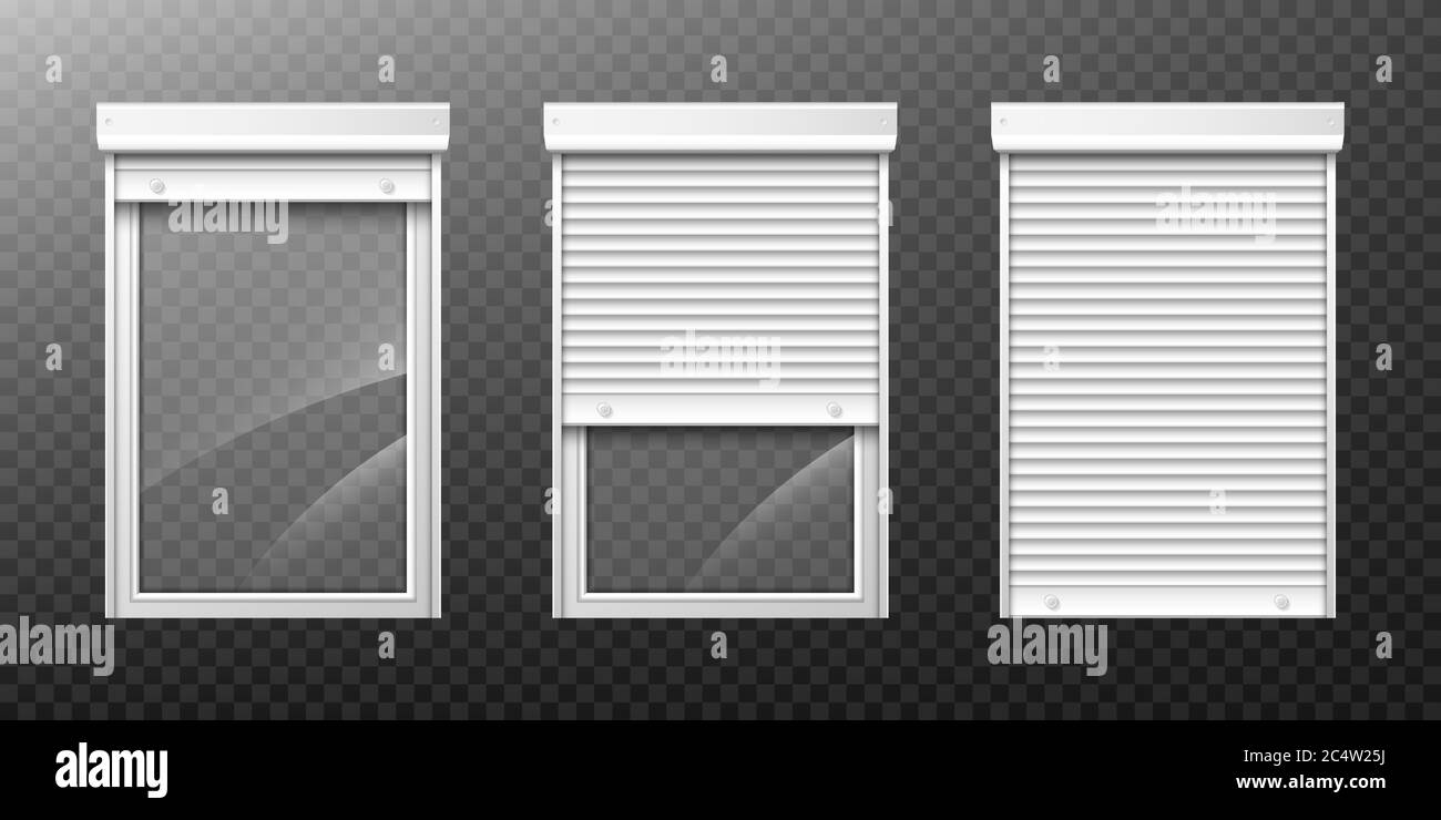 Fenster mit Rollladen nach oben und zu schließen. PVC-Rollos aus Kunststoff. Vorderansicht geöffnet und geschlossen. Home Fassade Design Elemente isoliert auf transparentem Hintergrund realistische 3d-Vektor-Illustration Stock Vektor