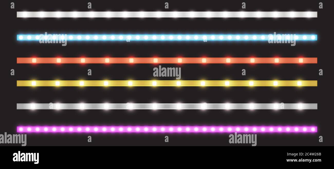 LED-Streifen mit Neon-Leuchteffekt isoliert auf transparentem Hintergrund. Vektor realistische Satz von farbigen Lichtstreifen, glühendes Band mit rosa, rot, blau, gelb und weiß Lampe und Diodenkugeln Stock Vektor