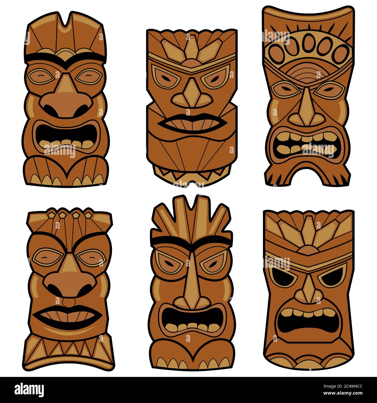 Set von Cartoon Hawaiian Tiki Statue Masken. Stockfoto