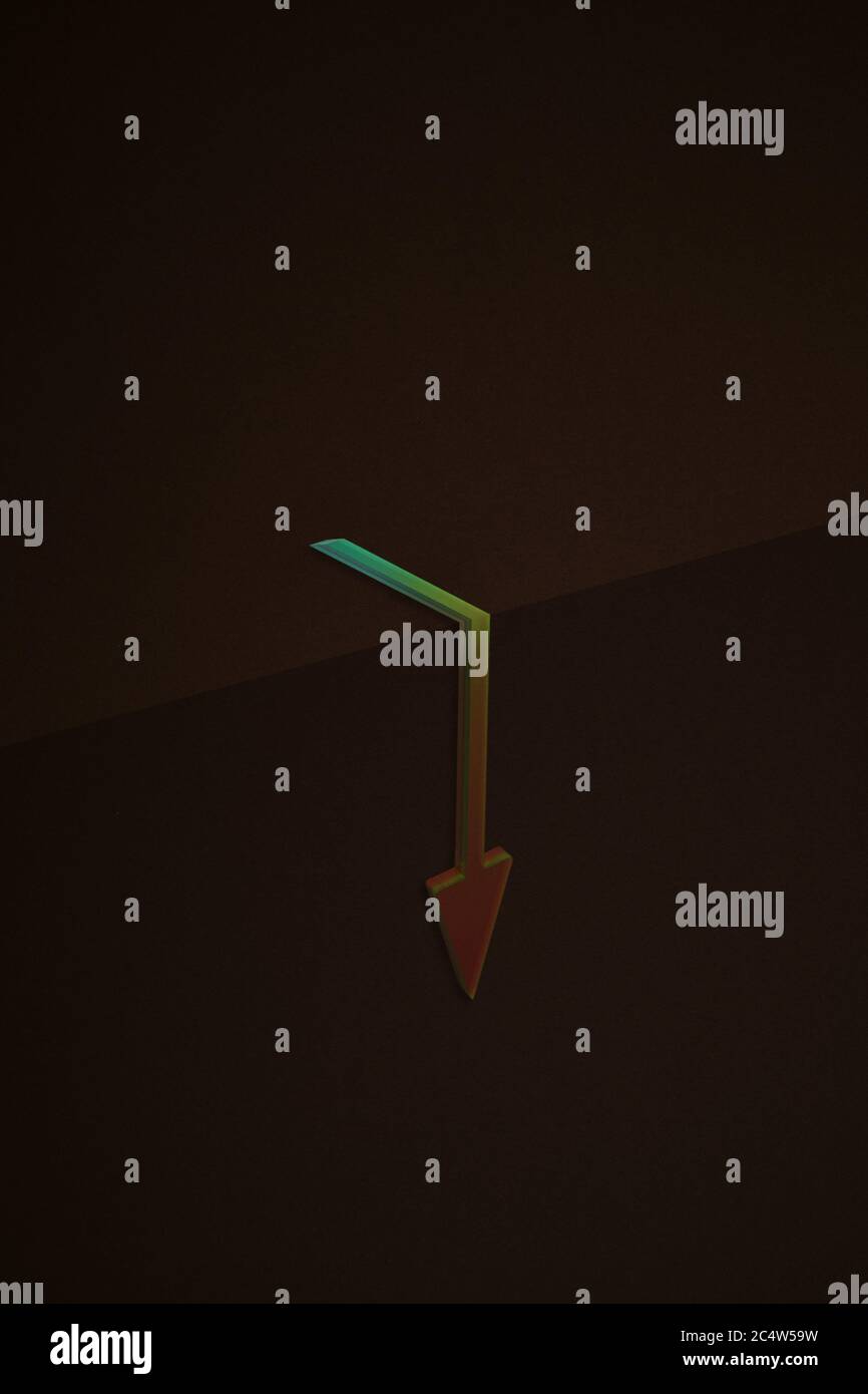 Ein Pfeil, der unter eine Klippe fällt. 3d-Illustration. Stockfoto