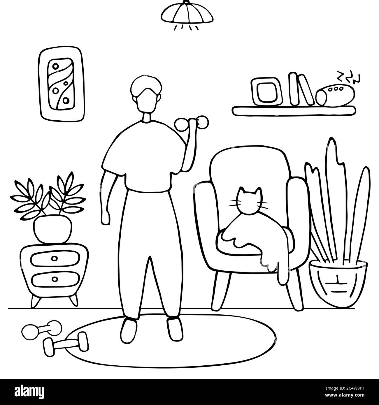 Mann tut Hantel Übungen. Männlicher Charakter führt einen gesunden Lebensstil. Sport zu Hause, Heimtraining. Doodle Vektorgrafik Stock Vektor