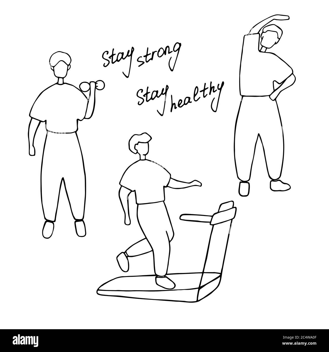 Mann, der verschiedene Sportübungen macht. Männliches Training, Trainingskonzept. Doodle Vektorgrafik Stock Vektor