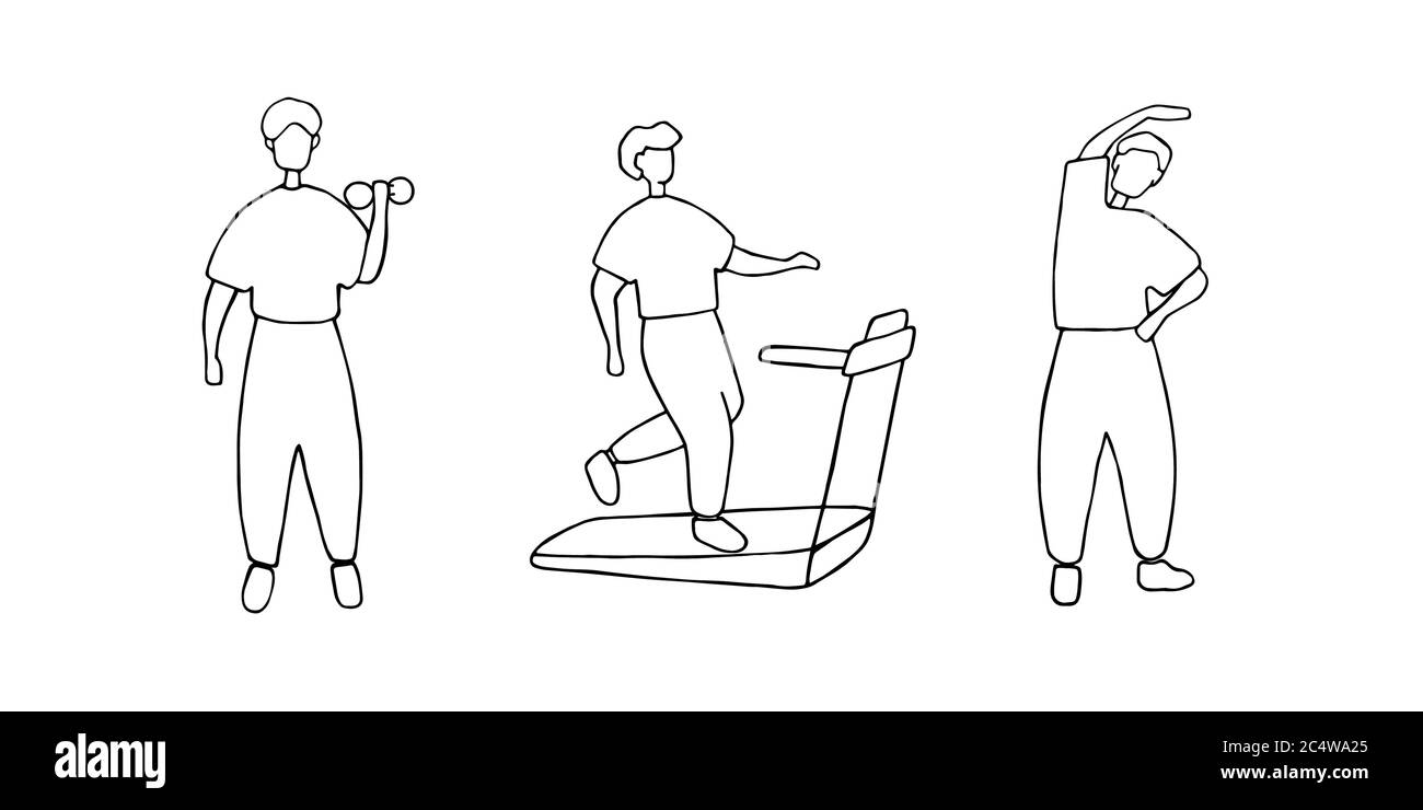 Männliches Training, Trainingskonzept. Mann, der verschiedene Sportübungen macht. Doodle Vektorgrafik Stock Vektor