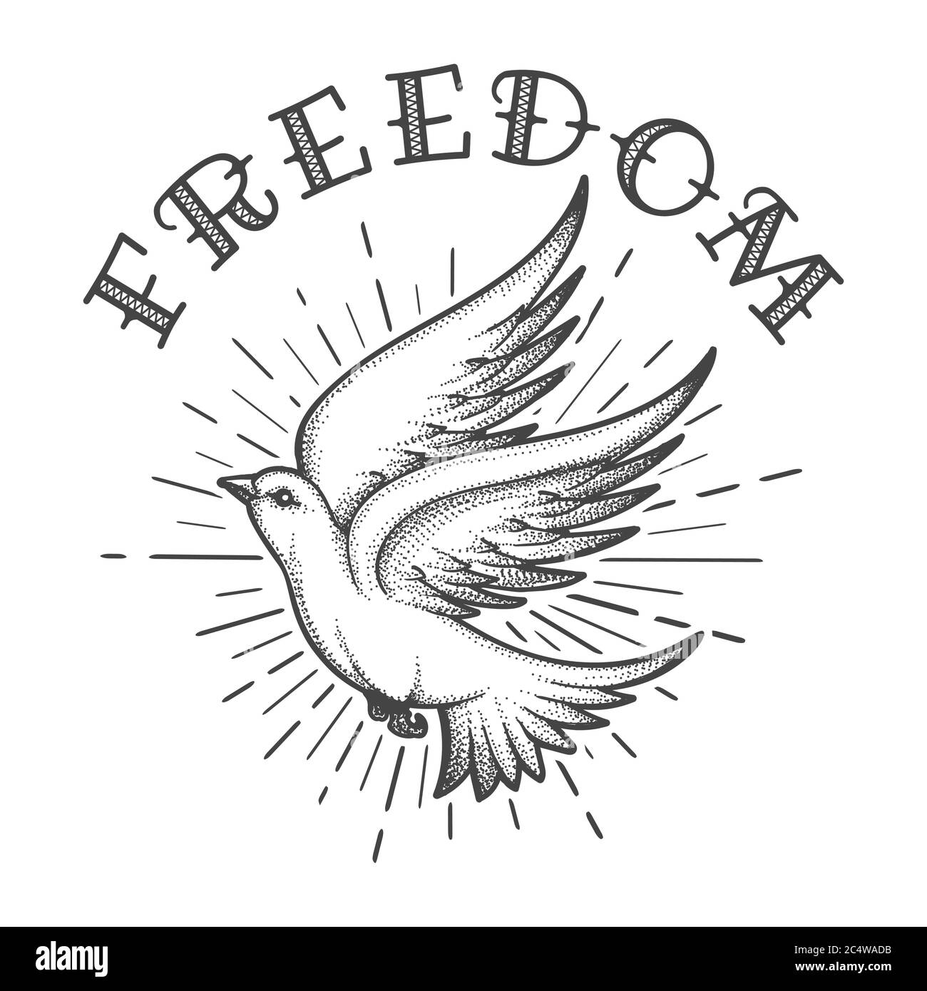 Fliegende Taube in den Himmel mit handgefertigten Schriftzug Freedom Tattoo. Vektorgrafik. Stock Vektor