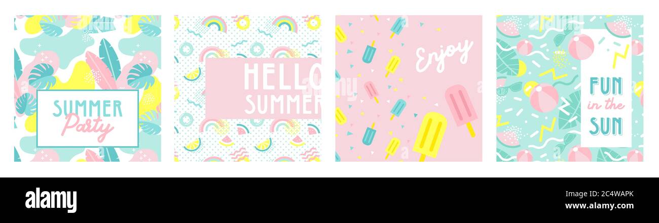 Entwerfen Sie Banner und Karte für die Sommersaison. Abstrakt geometrischen Hintergrund mit Sommerfrucht, tropischen Blättern und Strand-Szene. Sommer Verkauf und Sommer Text Stock Vektor