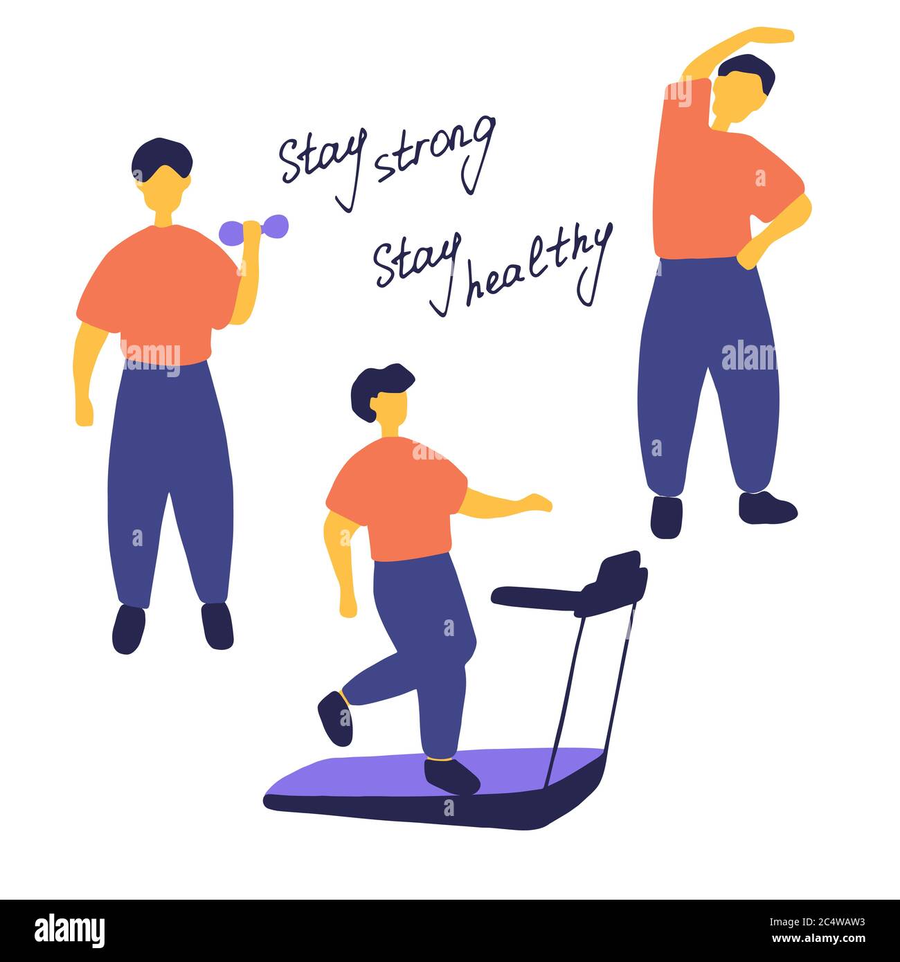 Mann, der verschiedene Sportübungen macht. Männliches Training, Trainingskonzept. Doodle flache Vektorgrafik Stock Vektor