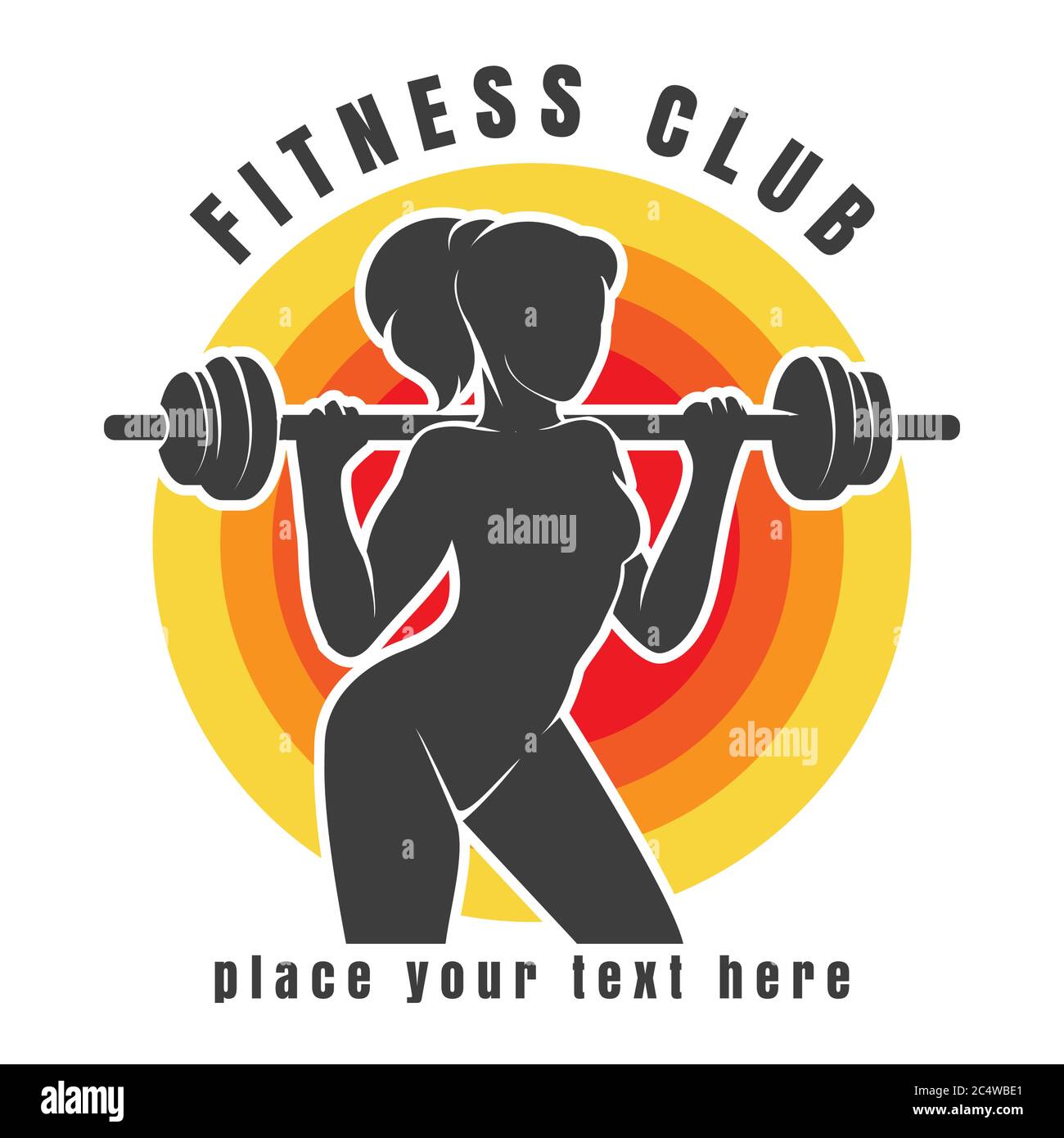 Fitness Club oder Gym Emblem. Athletische Frau Silhouette mit Langhantel. Vektorgrafik Stock Vektor