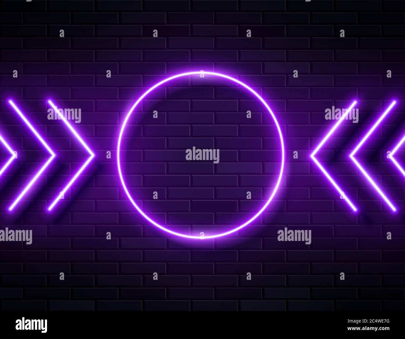 Futuristische Sci Fi Modern Neon Violet leuchtende Pfeile Rahmen für Banner auf dunklen leeren Grunge Beton Backstein Hintergrund. Stock Vektor