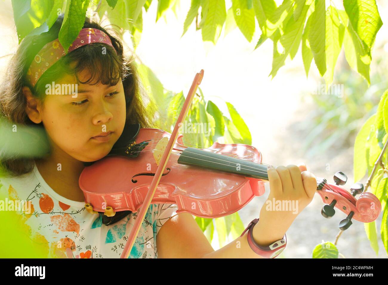Hispanische Mädchen spielt die Geige. Stockfoto