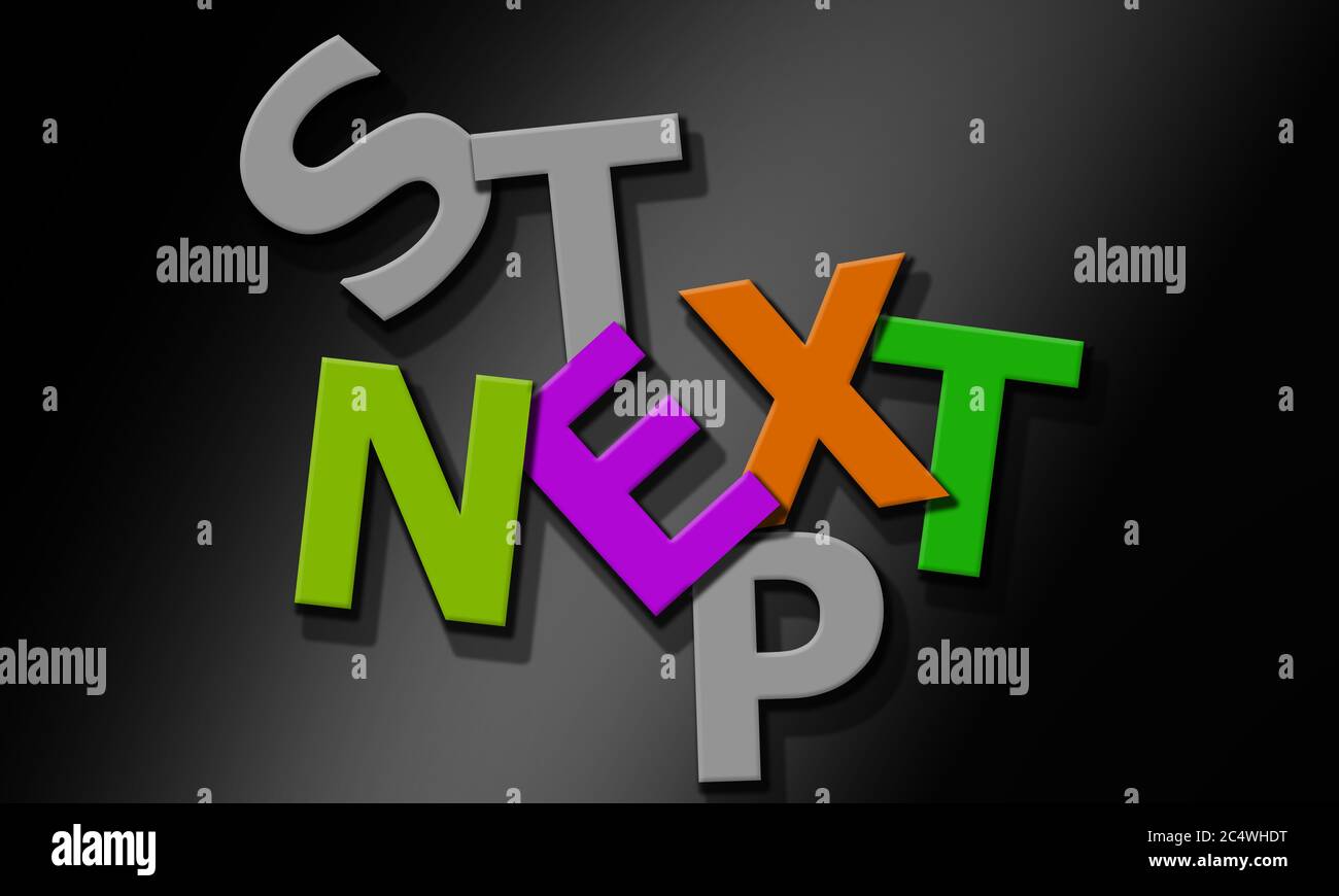Nächster Schritt Wort aus mehrfarbigen Alphabet, 3d-Rendering Stockfoto