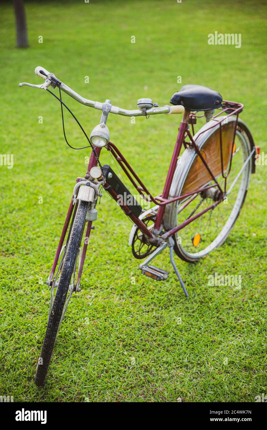 Vintage-Fahrrad im Garten warten auf eine Fahrt, Sommer Stockfoto