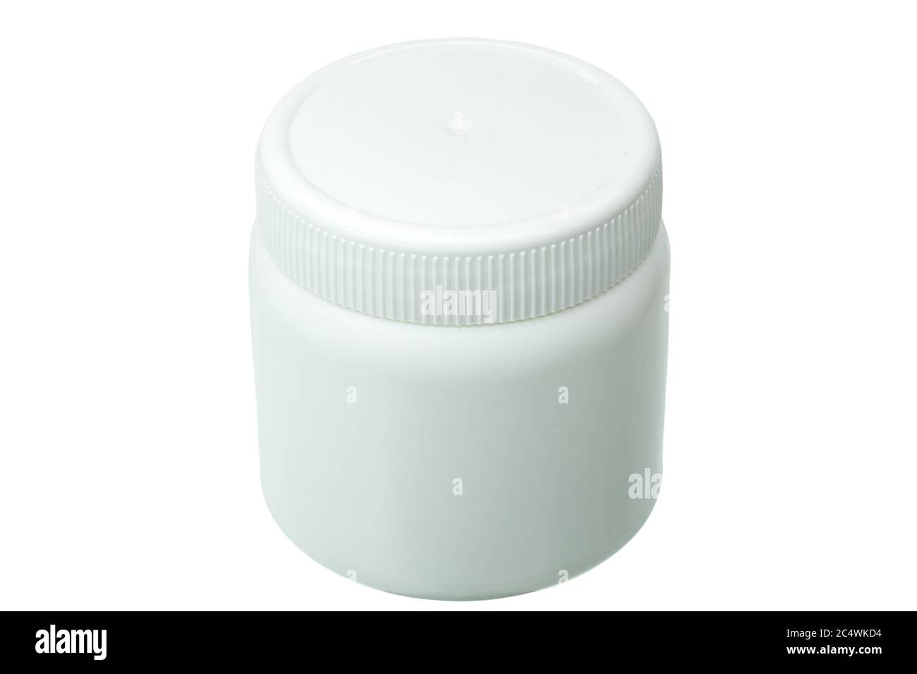 Weiße Plastikflasche mit Deckel isoliert auf einem weißen Hintergrund Draufsicht, Kapazität für kosmetische und medizinische Mittel. Stockfoto