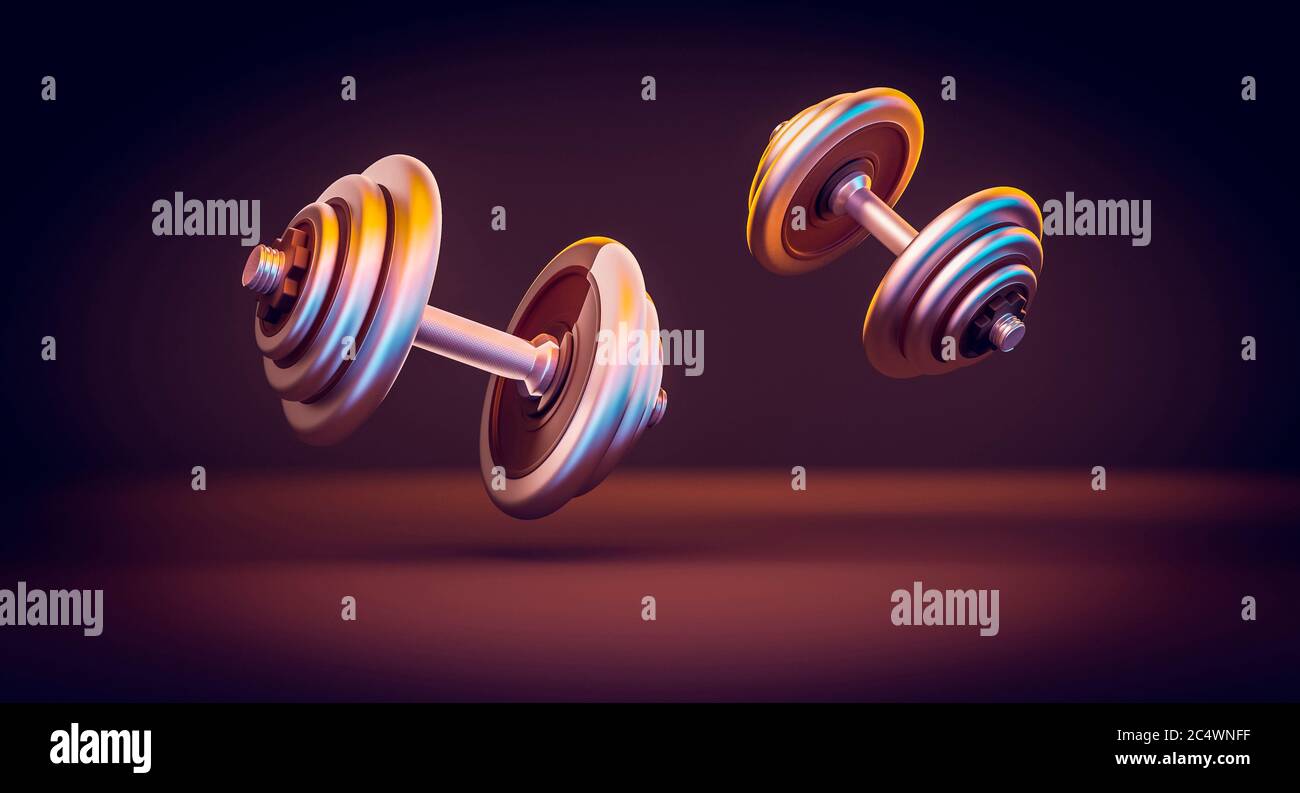 Turnhalle Kurzhanteln Hintergrund. 3d Render. Sport, Gesundheit, Trainingskonzept. Stockfoto