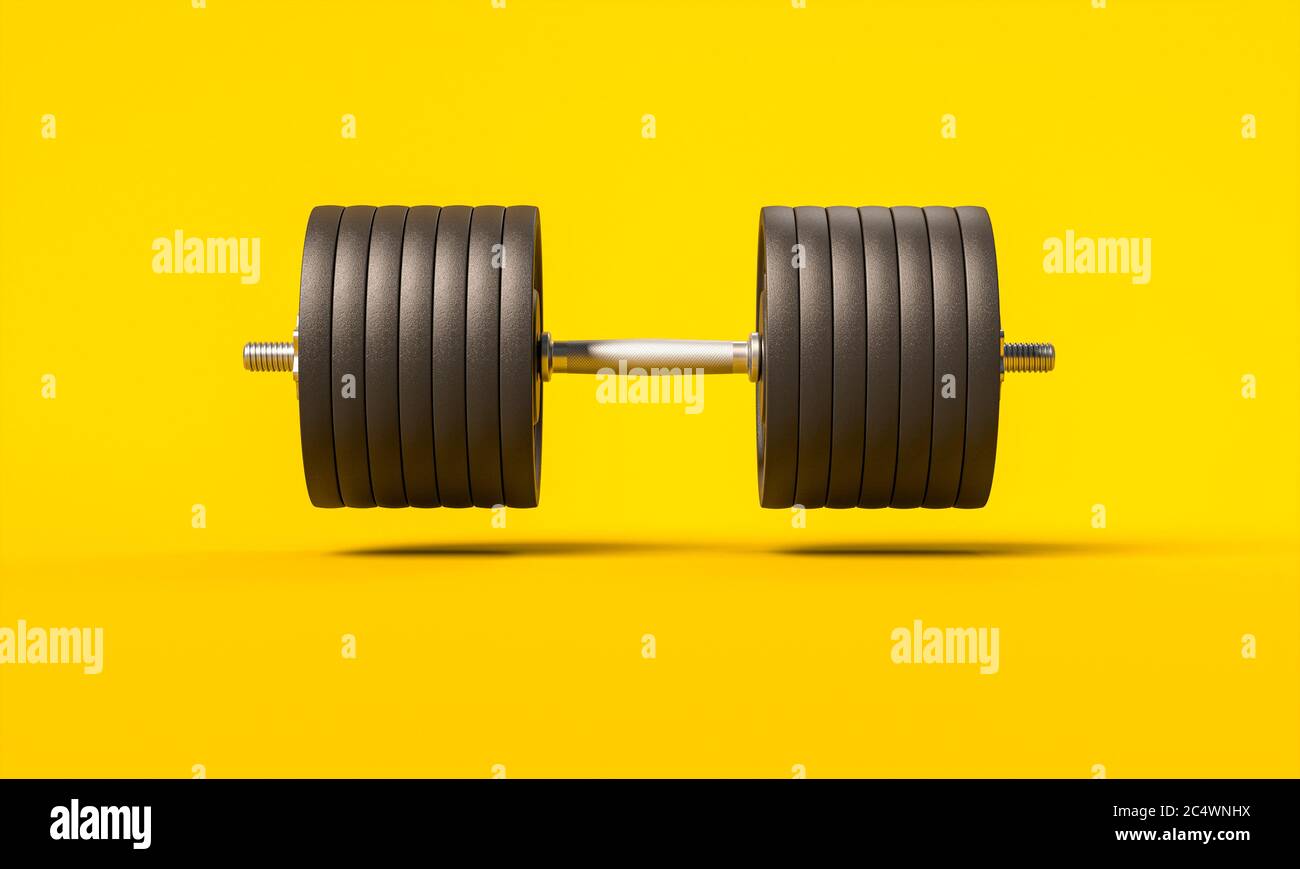 Gym Kurzhanteln auf gelbem Hintergrund. 3d Render. Sport, Gesundheit, Trainingskonzept. Stockfoto
