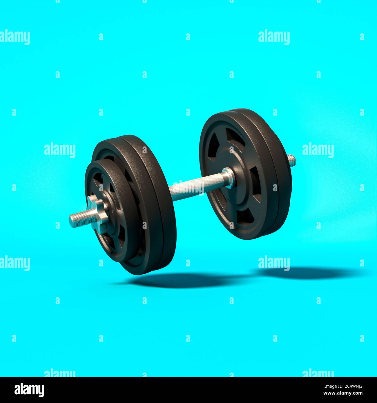 Hanteln für das Fitnessstudio auf hellblauem Hintergrund. 3d Render. Sport, Gesundheit, Trainingskonzept. Stockfoto