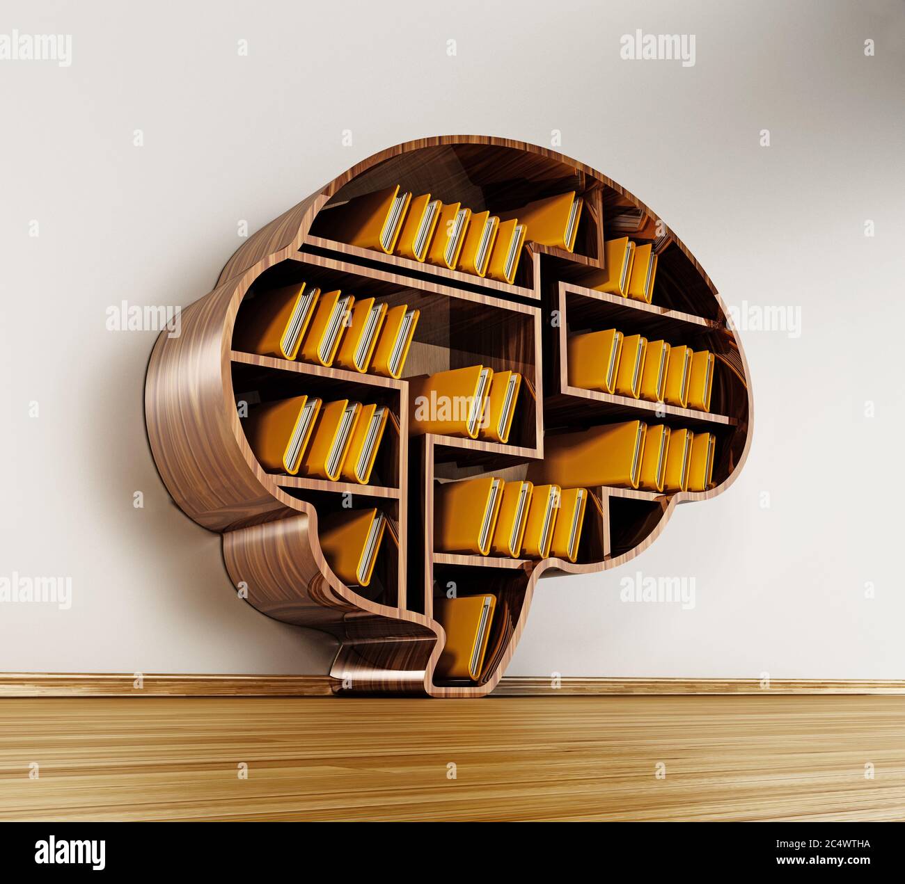 Bibliothek in Gehirnform voller Ordner. 3D-Illustration. Stockfoto
