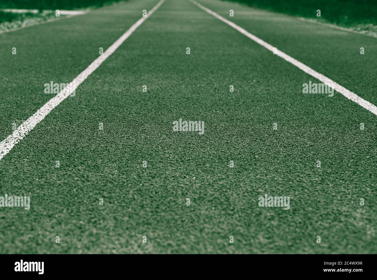 Hintergrund des grünen Laufbands, Stadion. Weiße Linien, Streifen Stockfoto