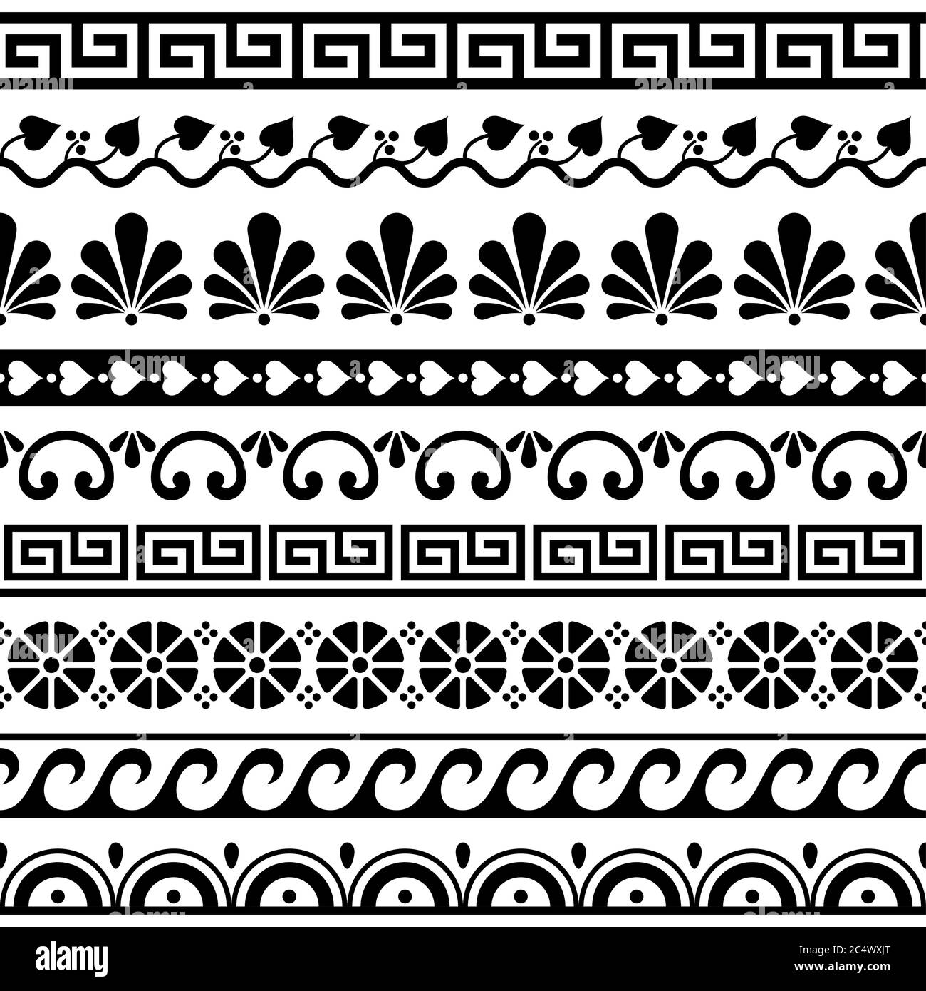 Griechische Schlüsselmuster, Wellen und geometrische nahtlose Vektor-Design-Set - alt in schwarz und weiß Stock Vektor Griechische Schlüsselmuster, Wellen und geometrische nahtlose Vektor-Design-Set - alt in schwarz und weiß Stock Vektor