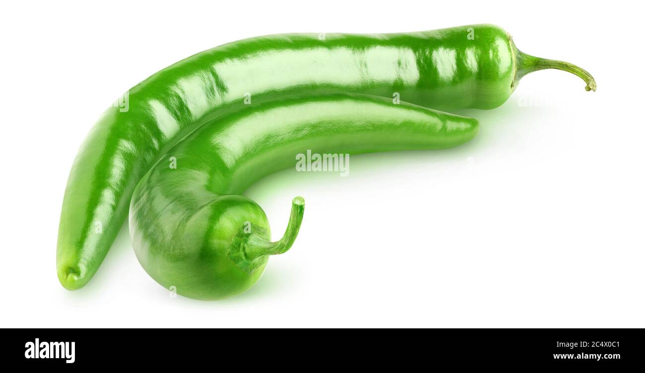 Hot grüne Paprika von gebogener Form isoliert auf weißem Hintergrund mit Clipping Pfad Stockfoto