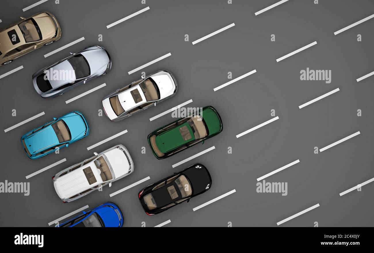 Straße mit Autos Draufsicht. 3d-Rendering Stockfoto