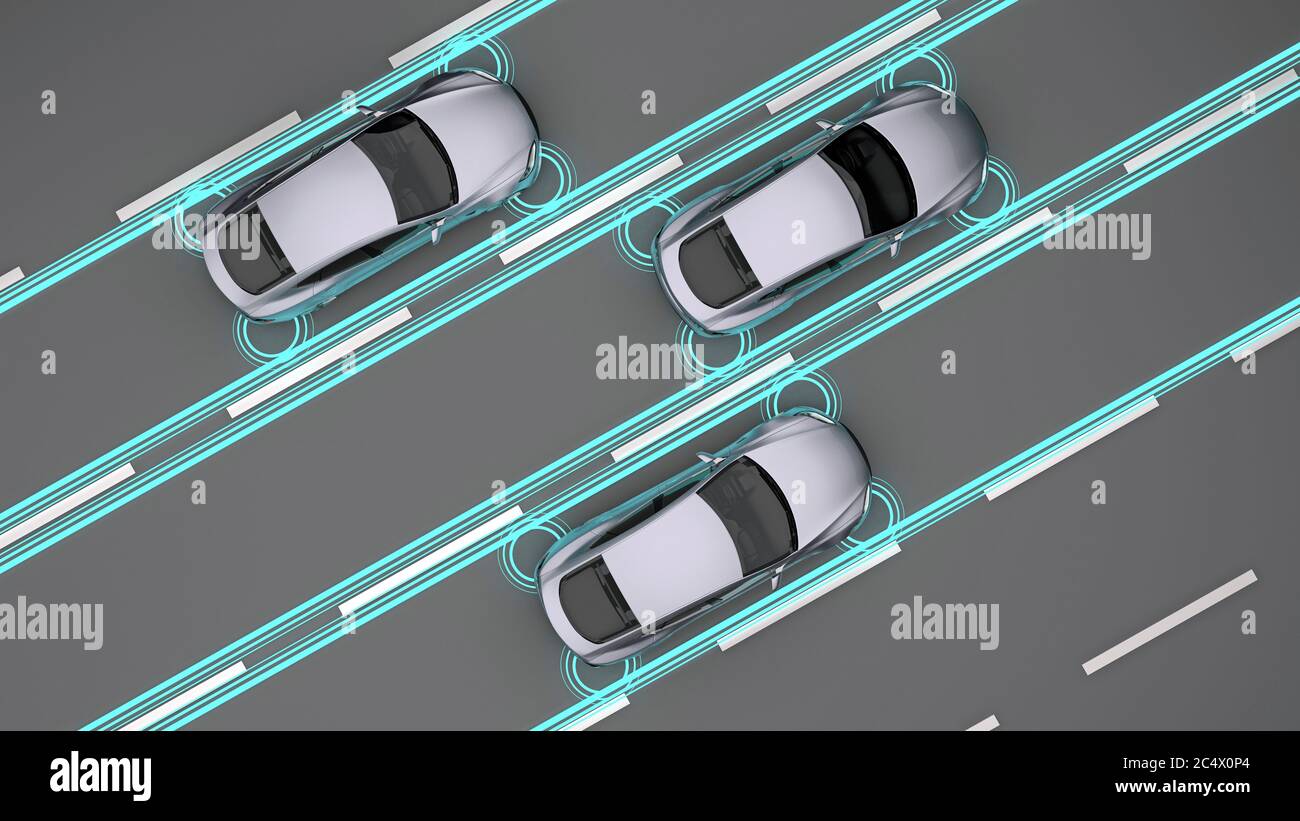 Drei Autos mit Sensoren auf der Straße Draufsicht. 3d-Rendering Stockfoto