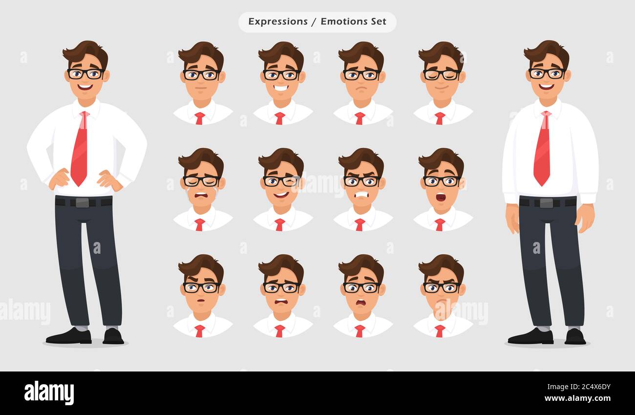 Satz von männlichen verschiedenen Gesichtsausdrücken. Mann Emoji Charakter mit verschiedenen Gesichtsreaktion / Emotion, trägt formelles Kleid, Krawatte und Brillen. Menschliche Ekot Stock Vektor