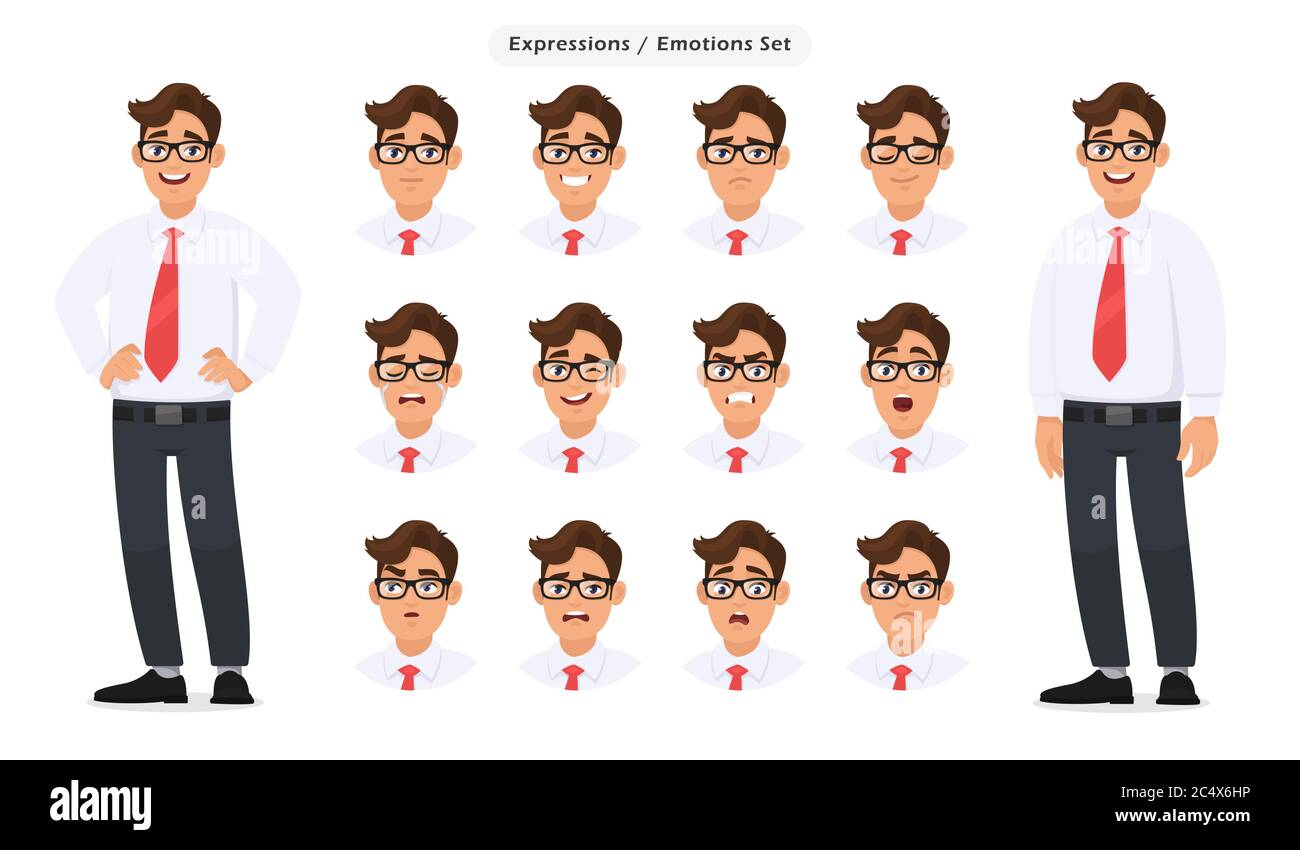 Satz von männlichen verschiedenen Gesichtsausdrücke. Mann Emoji Charakter mit verschiedenen Gesichtsreaktion / Emotion, trägt formelles Kleid, Krawatte und Brillen. Menschliche EM Stock Vektor