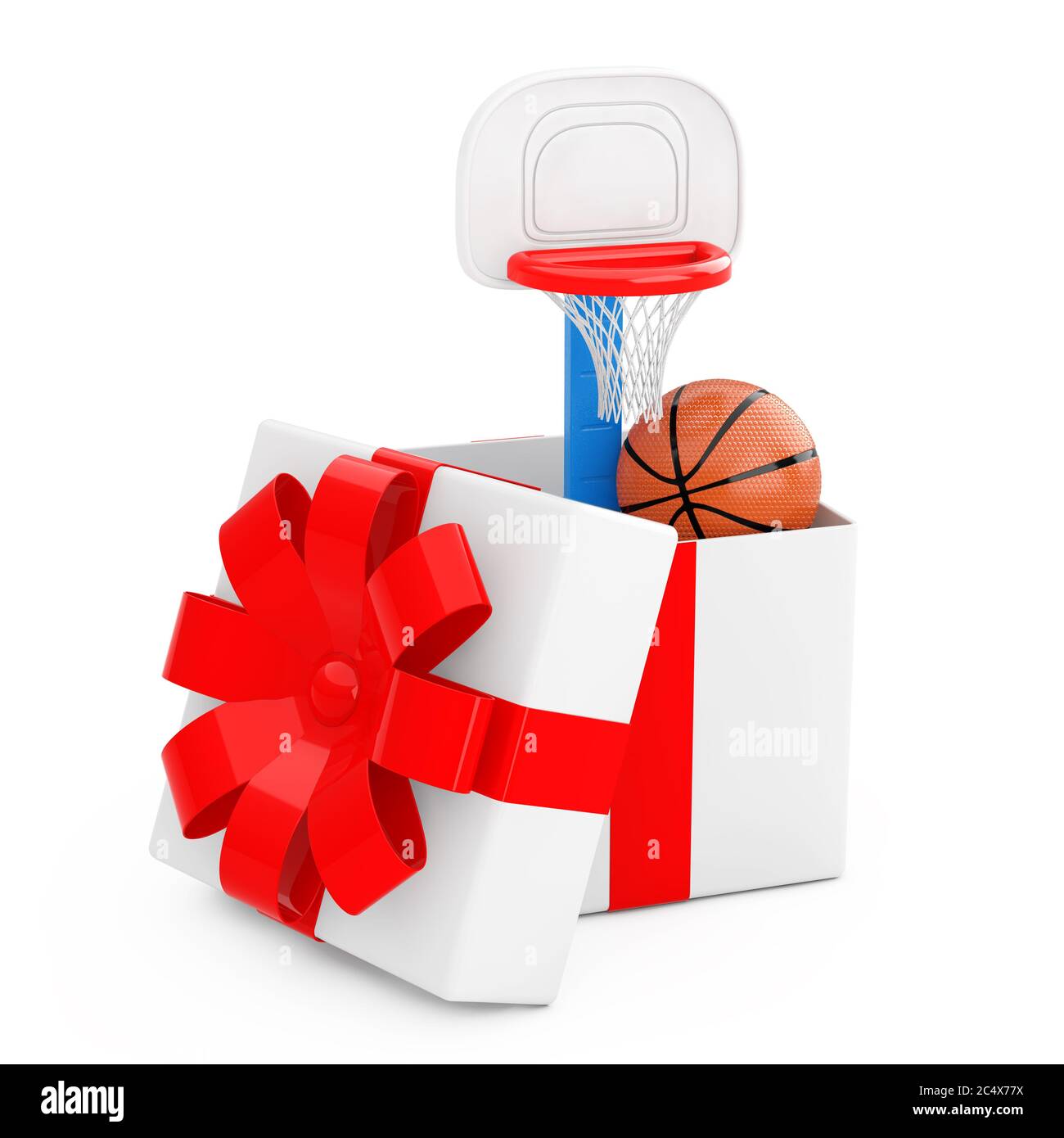 Basketball Ball und Kinder Spielzeug Basketball Ring mit Netz kommen aus der Geschenkbox mit rotem Band auf weißem Hintergrund. 3d-Rendering Stockfoto