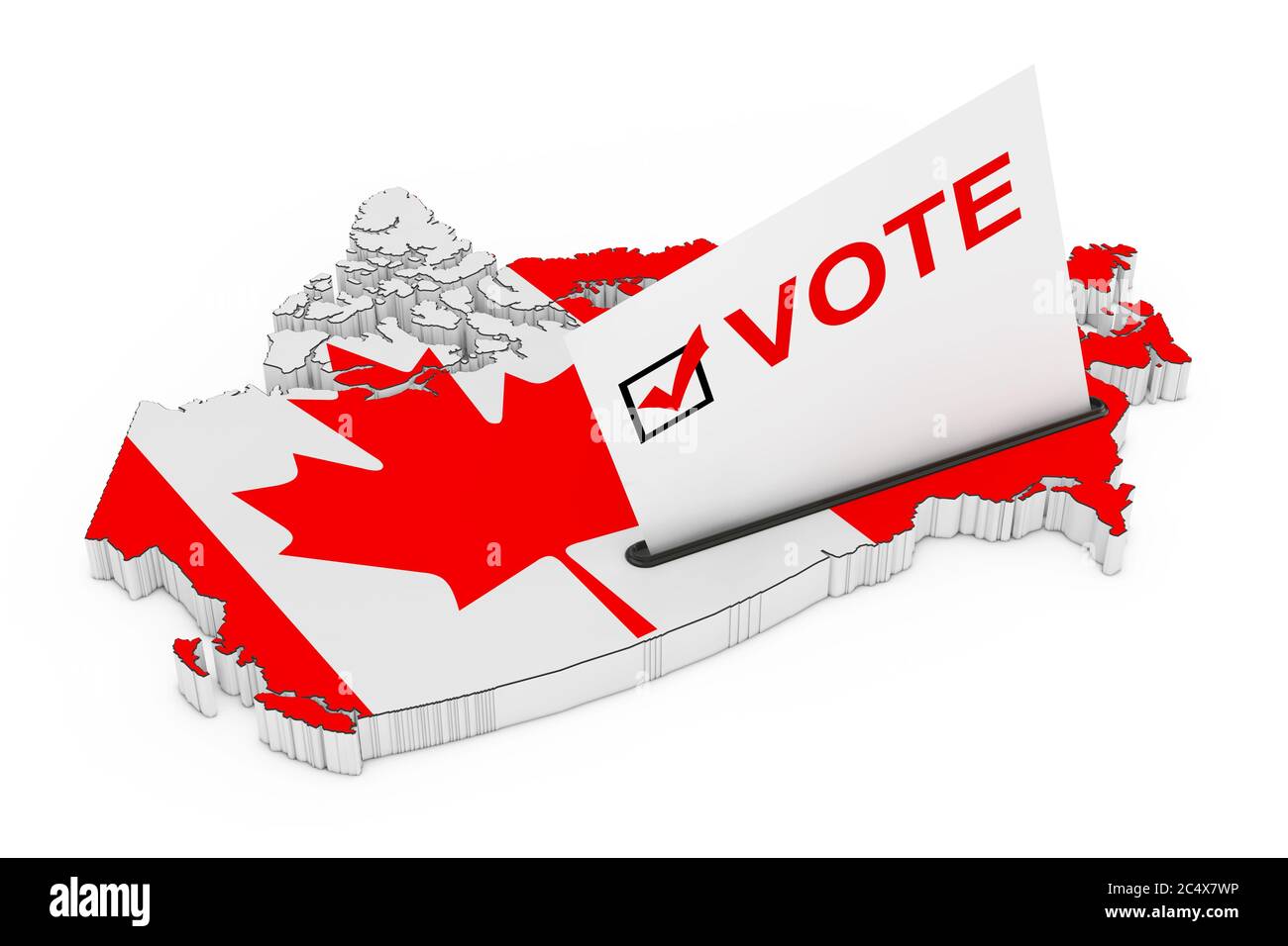 Abstimmung im Kanada Konzept. Voting Card Hälfte in der Wahlurne in Form von Kanada Karte mit Flagge auf weißem Hintergrund eingefügt. 3d-Rendering Stockfoto