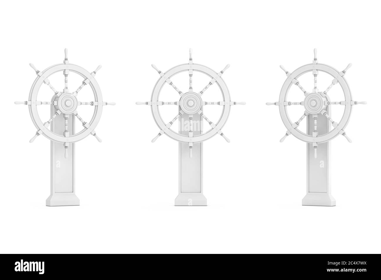 Vintage White Ship Lenkrad mit Ständer in Clay Style auf weißem Hintergrund. 3d-Rendering Stockfoto