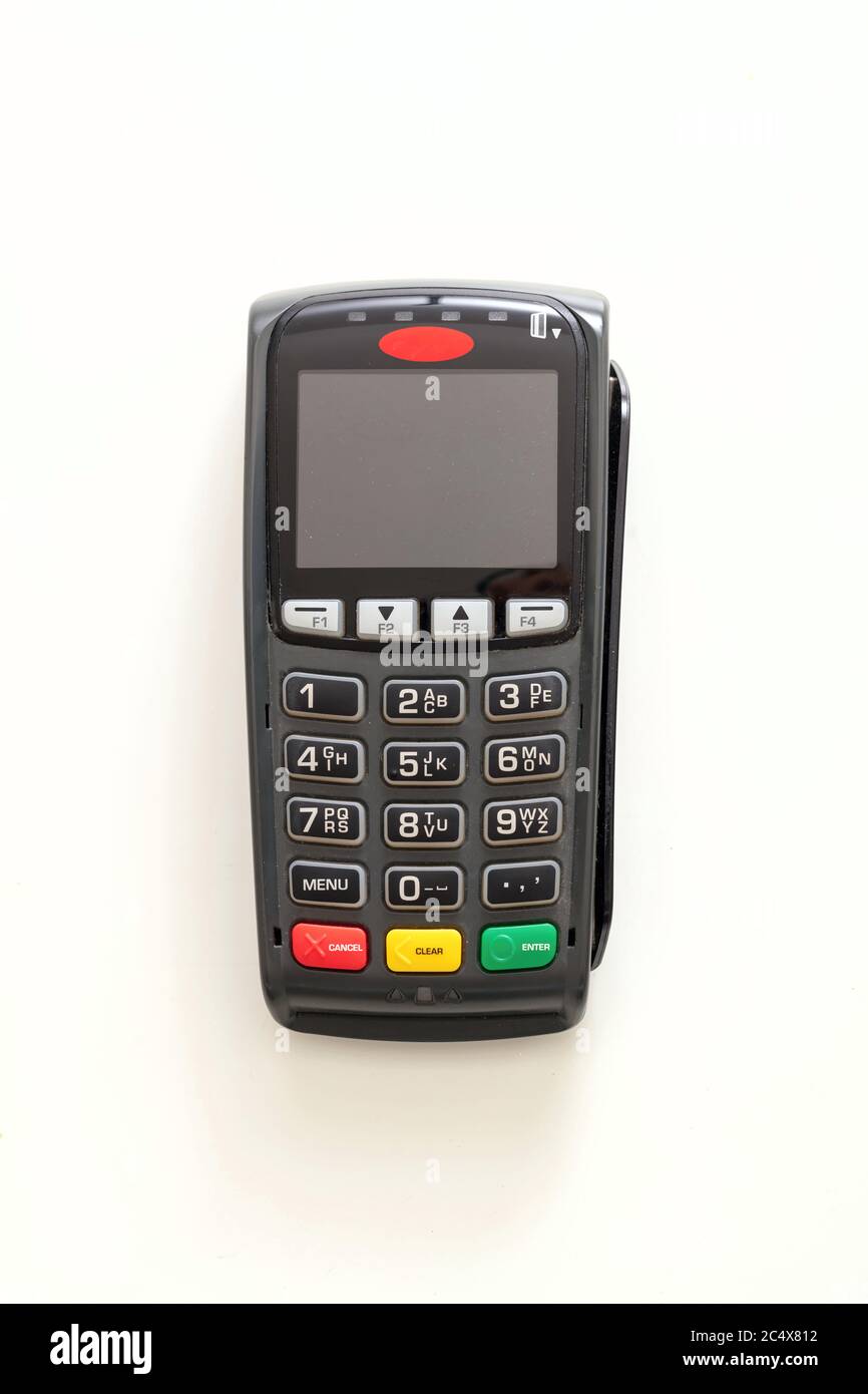 POS-Terminal isoliert auf weißem Hintergrund, Draufsicht.Terminal-Kassenautomat für kontaktloses Bezahlen mit Kreditkarte. Bankausstattung, NFC. Stockfoto