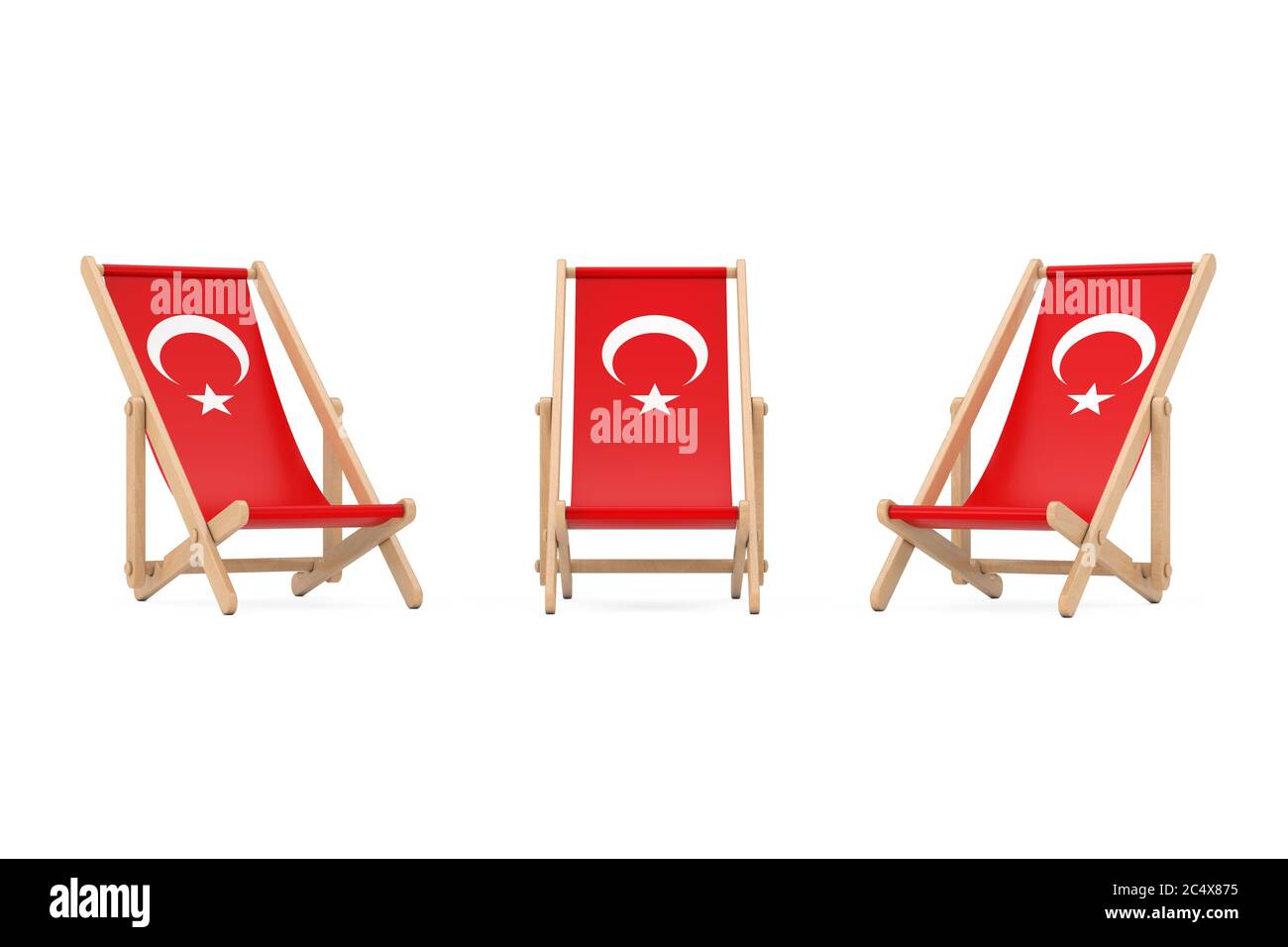 Strandstuhl aus Holz mit türkischem Flag-Design auf weißem Hintergrund. 3d-Rendering Stockfoto