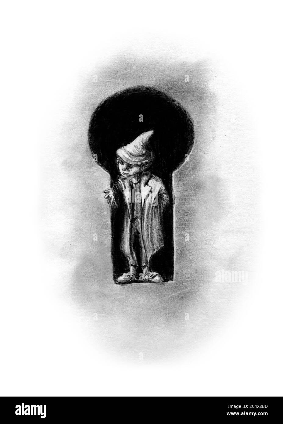 Kleiner Kobold in einem Schlüsselloch - schwarz-weiße Bleistiftzeichnung auf Papier Stockfoto