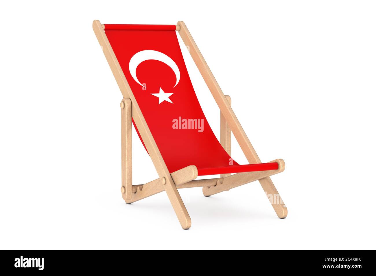 Strandstuhl aus Holz mit türkischem Flag-Design auf weißem Hintergrund. 3d-Rendering Stockfoto