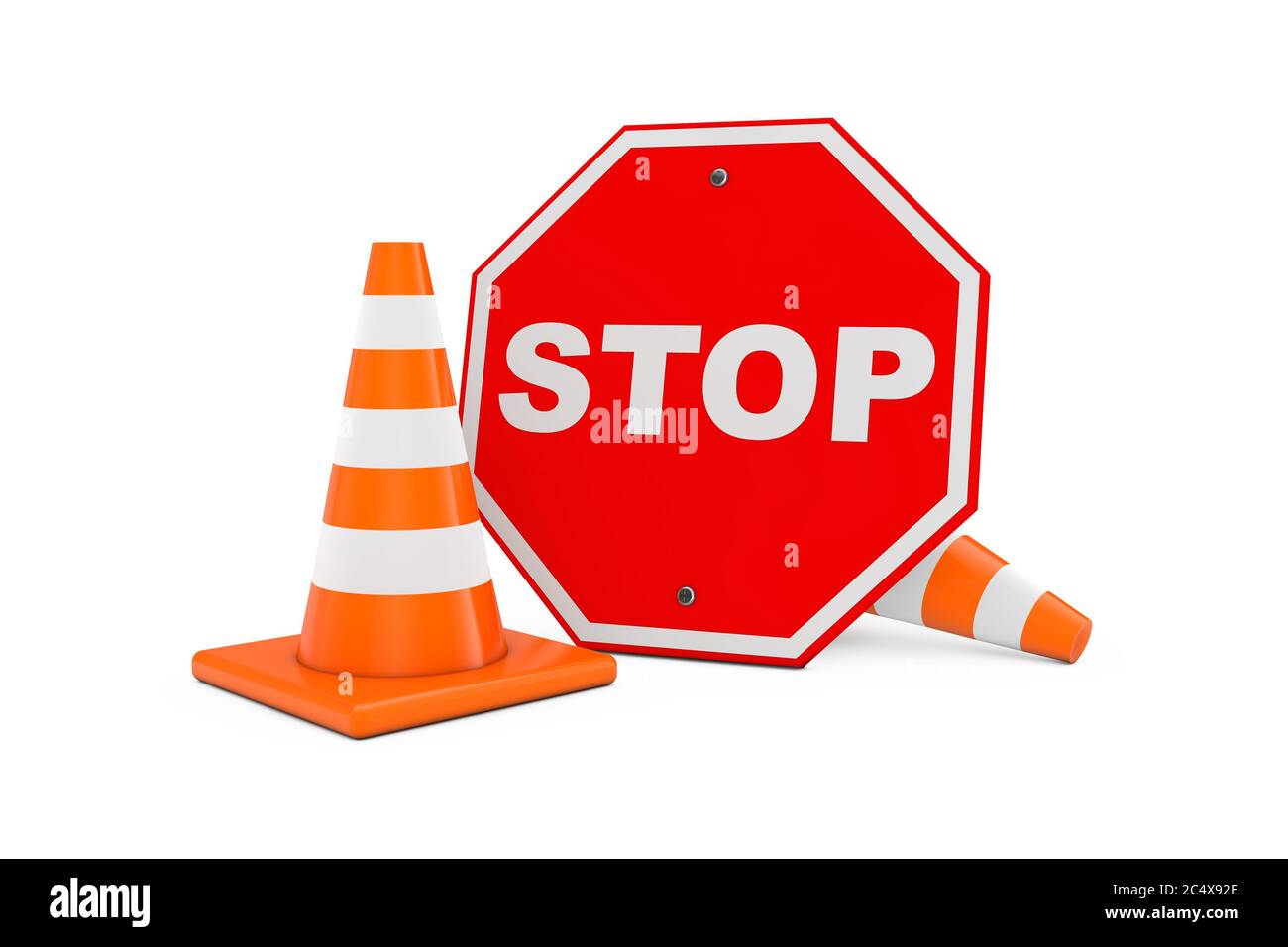 Konzept Der Straßenreparatur. Verkehrskegel mit rotem Stoppschild auf weißem Hintergrund. 3d-Rendering Stockfoto