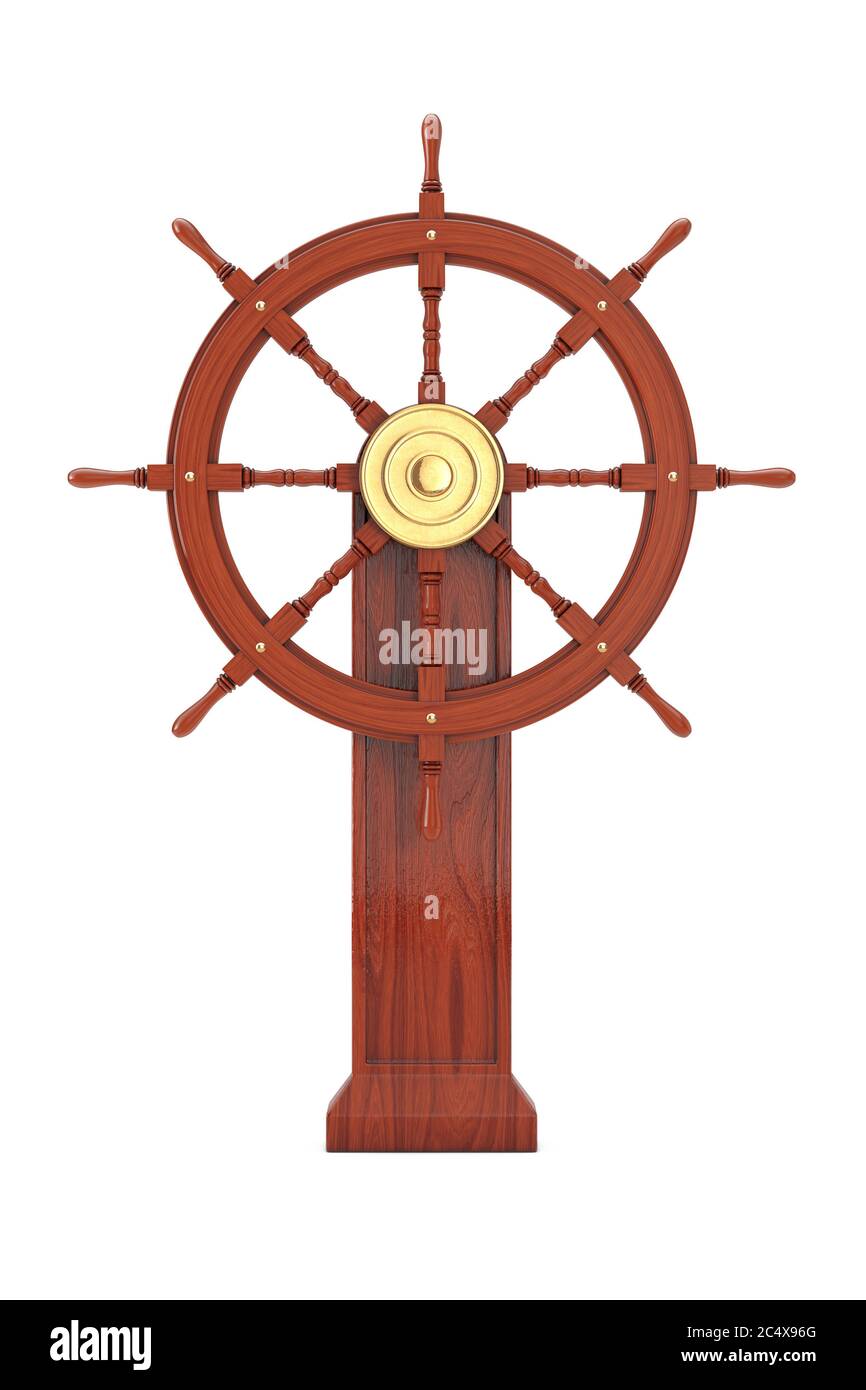 Vintage Holzschiff Lenkrad mit Ständer auf weißem Hintergrund. 3d-Rendering Stockfoto