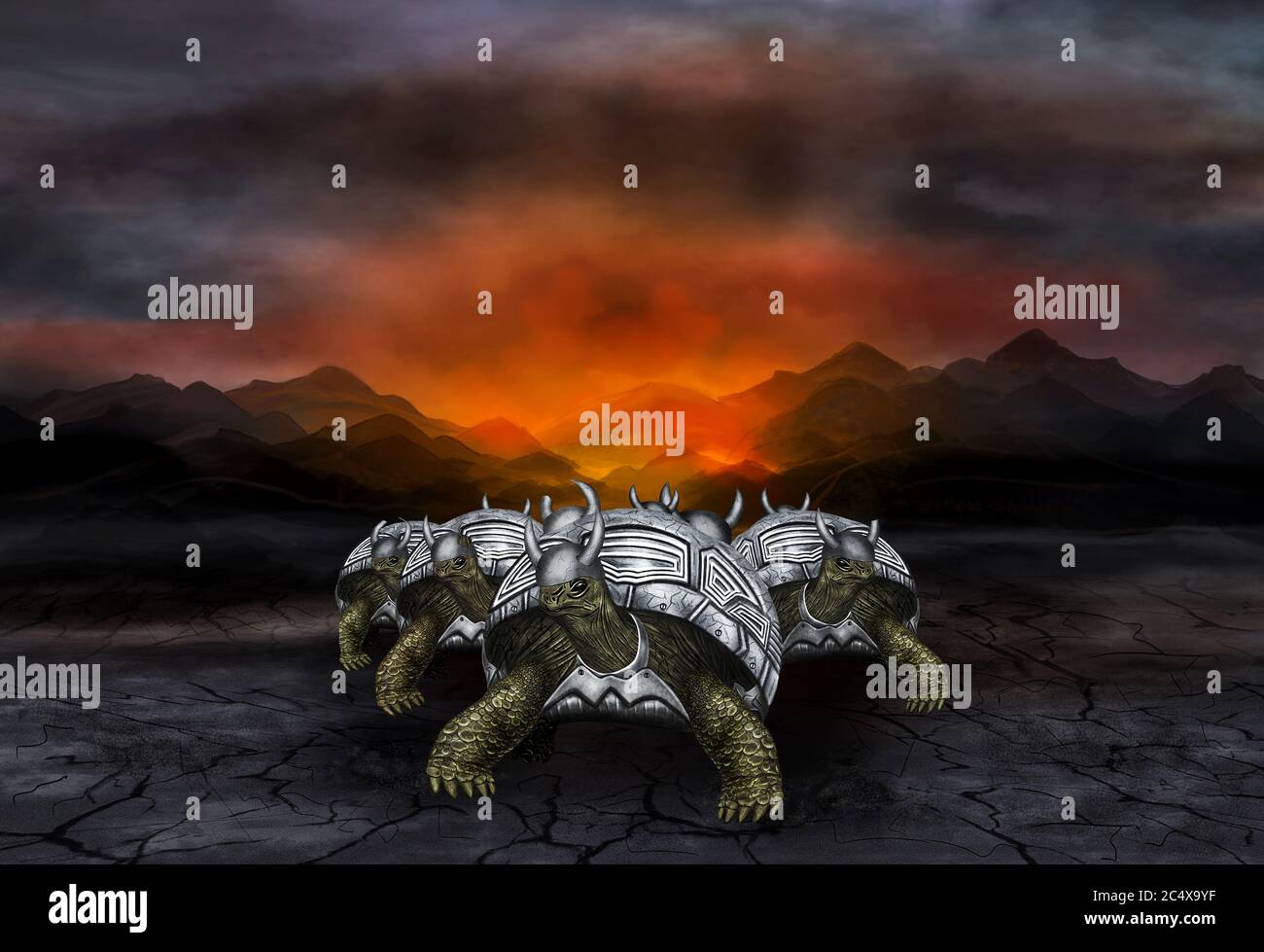 Schildkröten Krieger in Metallrüstung. Schildkröten Krieger aus dem Krieg zurück. Wüste, im Hintergrund ein feuriges Leuchten. Digitale Grafiken. Stockfoto