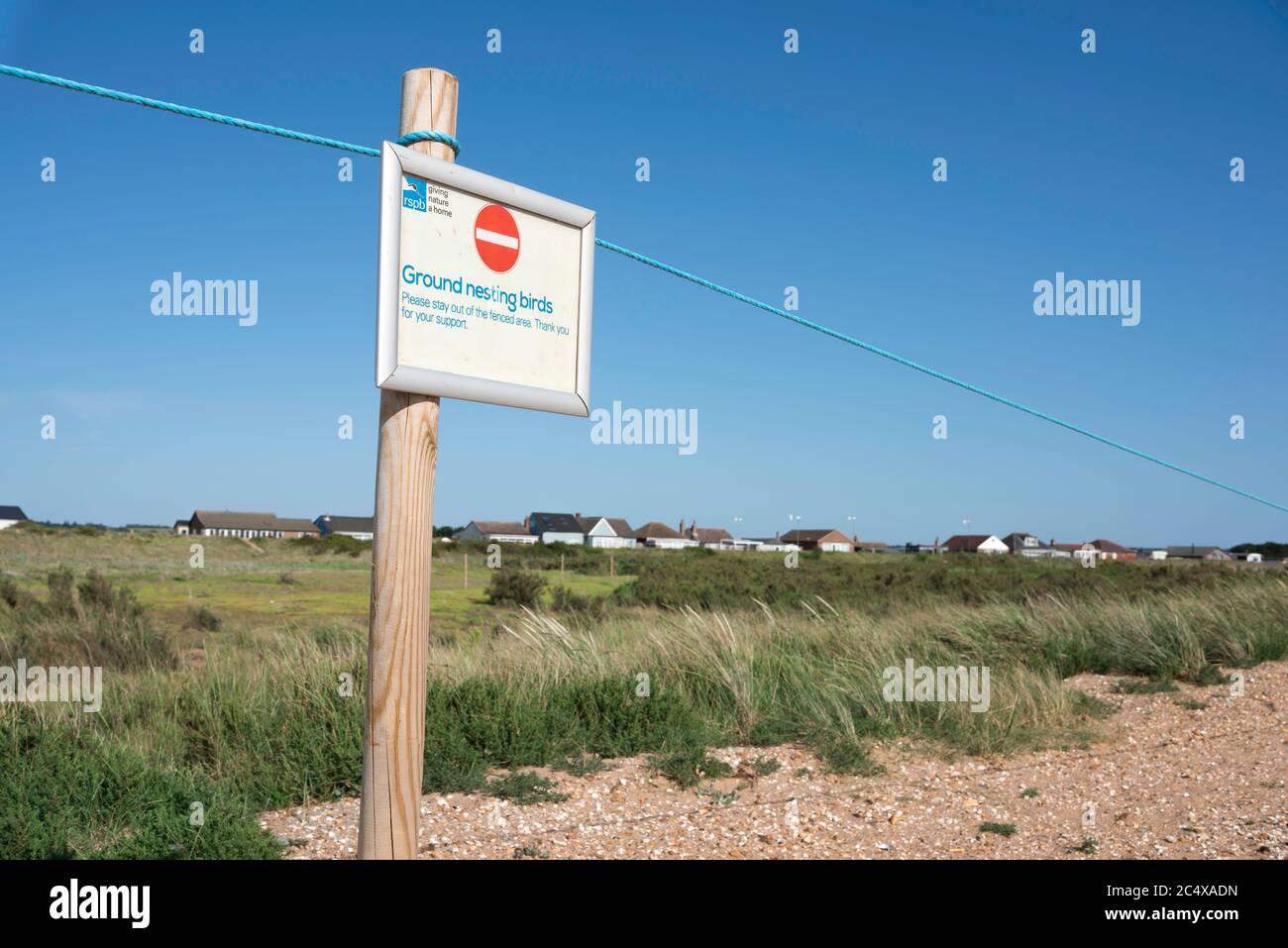 Snettisham Nature Reserve, Blick auf ein RSPB-Schild, das Vorsicht in der Nähe von Nistvögeln fordert, Snettisham Beach, Norfolk, England, Großbritannien Stockfoto