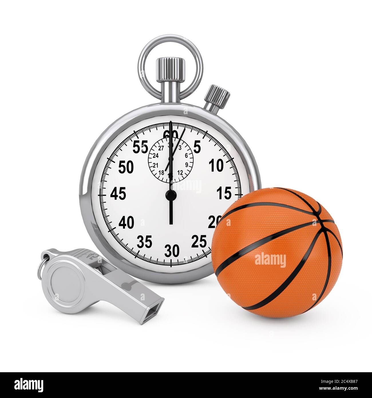 Klassische Metal Coaches Pfeife mit Basketball Ball in der Nähe von Chrome  Stoppuhr auf weißem Hintergrund. 3d-Rendering Stockfotografie - Alamy