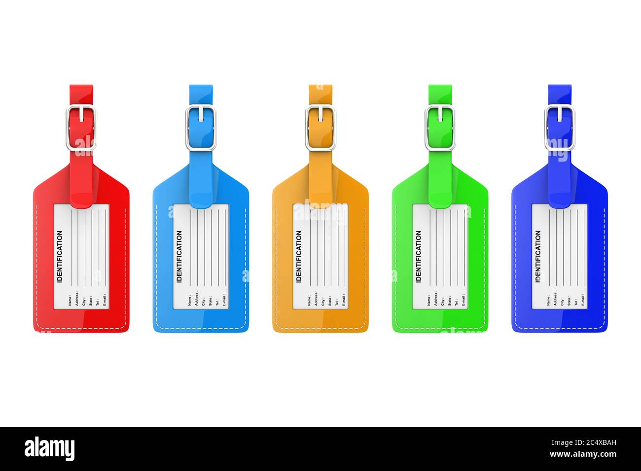 Mehrfarbige Gepäcketiketten aus Leder mit Namen, Adresse, Ort, Bundesland und Telefon auf weißem Hintergrund. 3d-Rendering Stockfoto