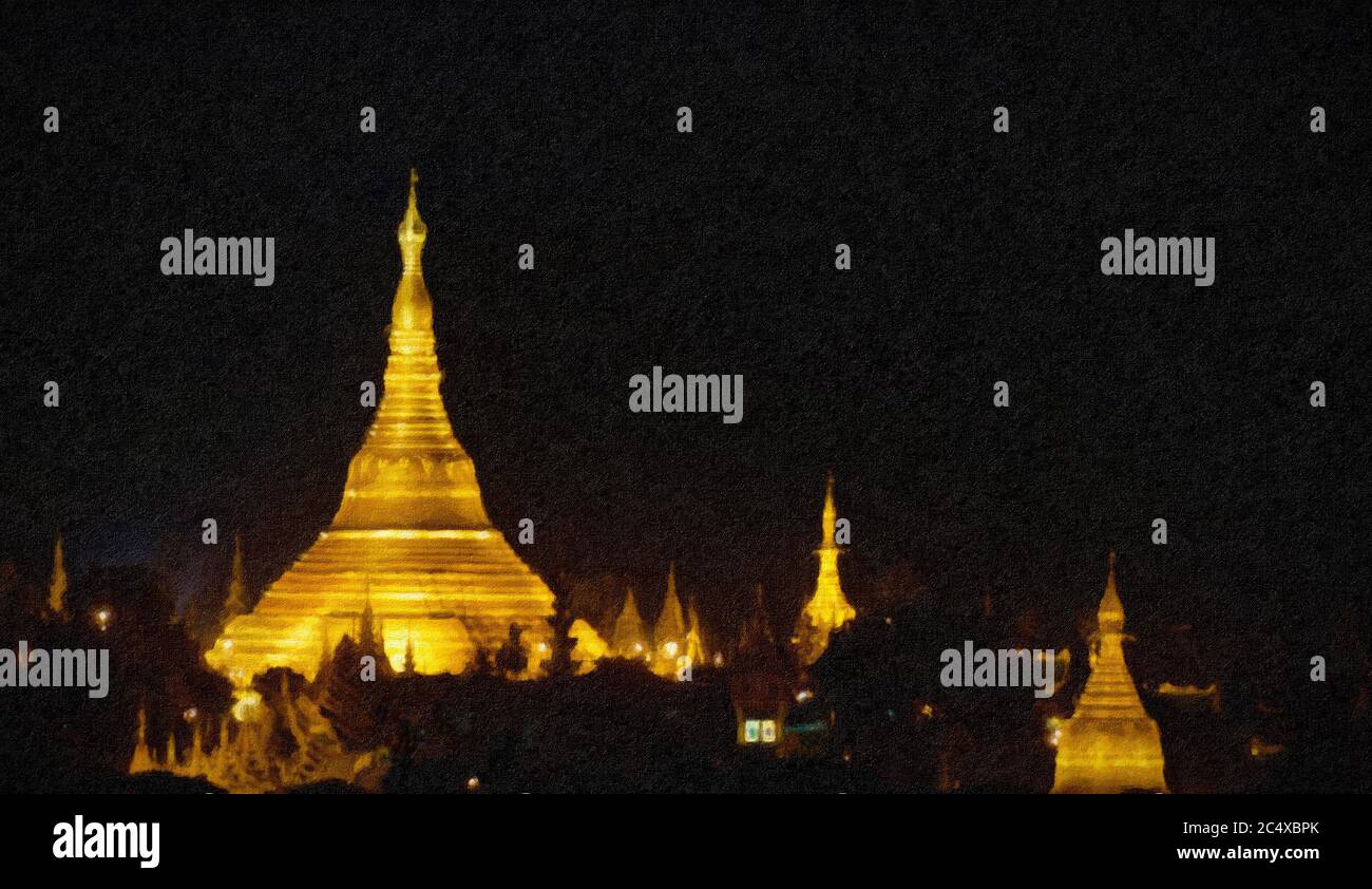 Die Shwedagon-Pagode leuchtete vor einem schwarzen Nachthimmel, Yangon, Myanmar Stockfoto